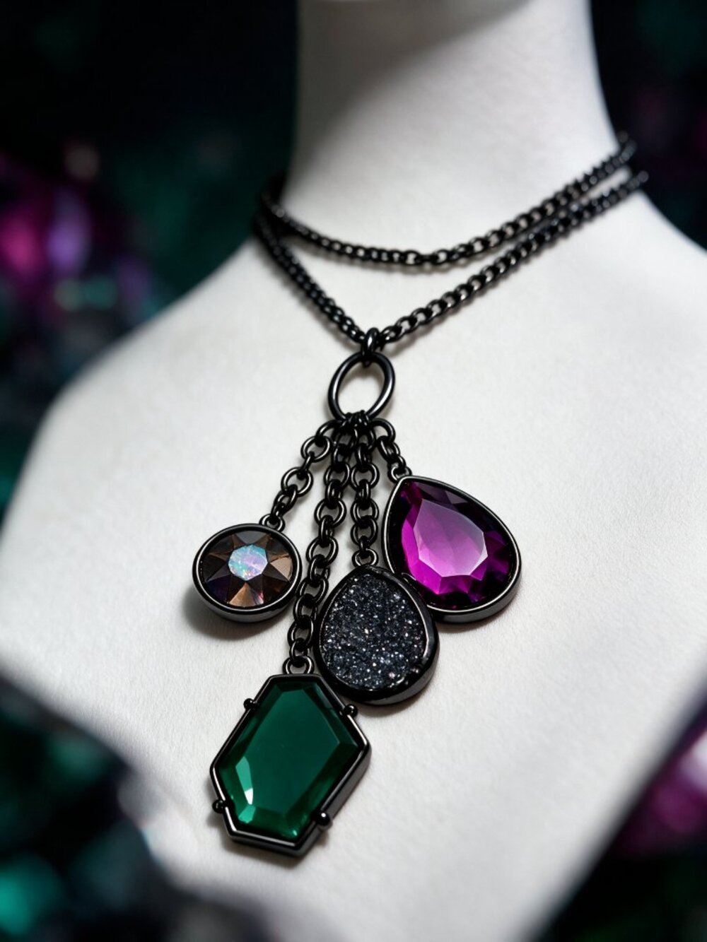 Long Gunmetal Statement Necklace with Multi-Color Pendant